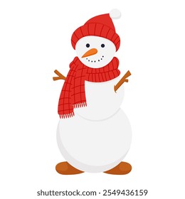 snowman wearing a red hat and scarf, with a carrot nose, stick arms, and a big smile, symbolizing winter and festive holidays.