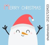 Snowman wearing red Santa Claus hat. Merry Christmas. Candy cane. Face carrot nose. Happy New Year. Cute cartoon kawaii character. Childish style. Flat design. Hello winter. Blue background. Vector