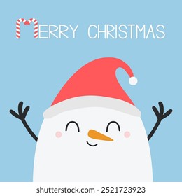 Snowman wearing red Santa Claus hat. Merry Christmas. Candy cane. Face carrot nose. Happy New Year. Cute cartoon kawaii character. Childish style. Flat design. Hello winter. Blue background. Vector