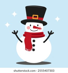 A snowman wearing a red scarf and a black hat with wooden arms.