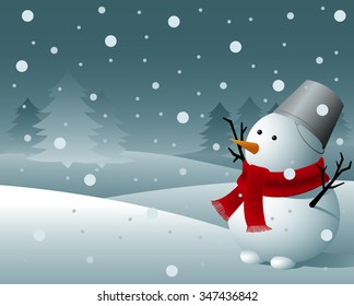 Snowman wearing a red scarf in the forest