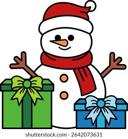 snowman wearing red scarf and two gift boxes
