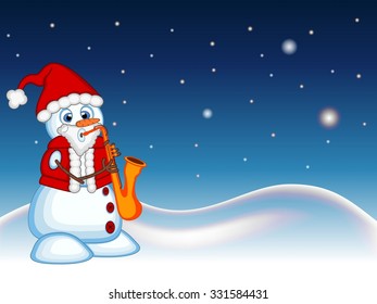 Snowman wearing a Santa Claus costume  playing saxophone with star, sky and snow hill background for your design Vector Illustration 