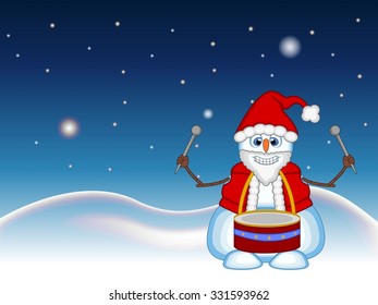 Snowman wearing a Santa Claus costume playing drums with star, sky and snow hill background for your design Vector Illustration