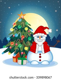  Snowman Wearing A Santa Claus Costume Waving His Hand With Christmas Tree  And Full Moon At Night Background For Your Design Vector Illustration