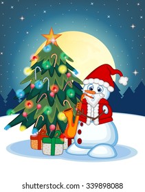  Snowman Wearing A Santa Claus Costume Playing Saxophone With Christmas Tree  And Full Moon At Night Background For Your Design Vector Illustration