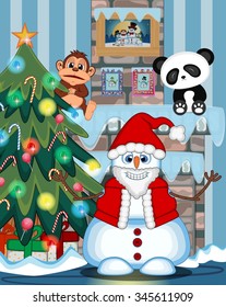 Snowman Wearing A Santa Claus Costume Waving His Hand with christmas tree and fire place Vector Illustration