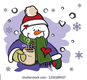 Snowman wearing Santa hat and  drinking hot coffee in winter