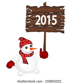 Snowman wearing Santa hat isolated on the white background. Vector