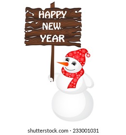 Snowman wearing Santa hat isolated on the white background. Vector