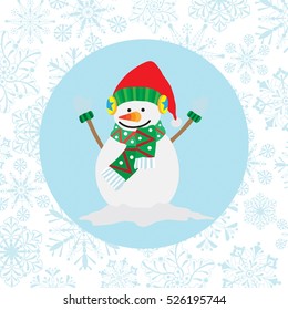 Snowman  wearing Santa hat on snowflake background. Animal cartoon for Christmas time. 
