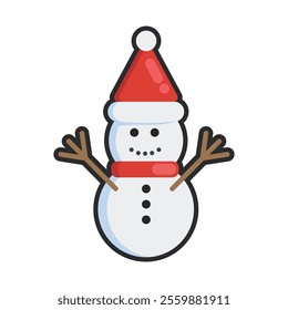 snowman wearing Santa hat with outline in flat vector design.