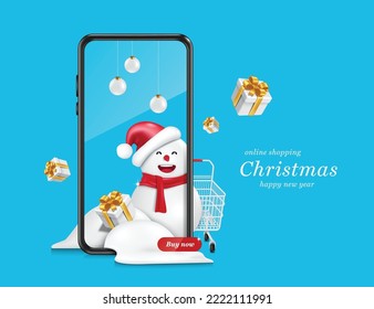 A snowman wearing a Santa hat and smiling behind his smartphone. And there is a snow pile in front with a gift box tied with a golden bow,vector 3d for online shopping christmas and new year concept