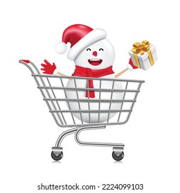 A snowman wearing a Santa hat stands in a shopping cart and holds a white gift box,vector 3d for online shopping christmas and new year concept,christmas promotion sale concept for advertising design