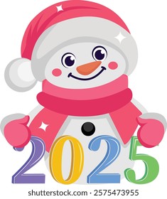 Snowman wearing santa hat and wishing Twenty Twenty Five concept, yeti with Festive scarf vector icon design, 2025 welcome sign, festive holiday season symbol, new year party decor stock illustration