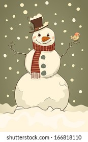 Snowman wearing a scarf and a bird.