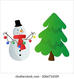 Snowman wearing scarf and hat. Snowman decorates christmas tree. Winter vector illustration for cards, banners, textile, notebook, etc. Isolated vector snowman on white backround
