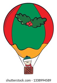 Snowman wearing scarf & hat is travelling on a red & green color air balloon decorated with wreath vector color drawing or illustration 
