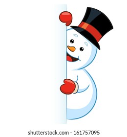 Snowman wearing top hat peeking from a blank sign, vector illustration