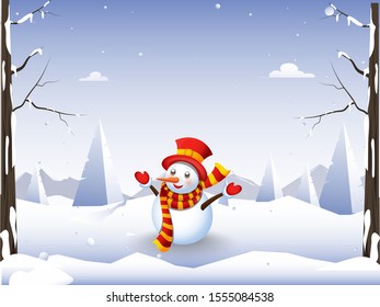 Snowman wearing woolen clothes with enjoying winter season on snowy nature landscape background.