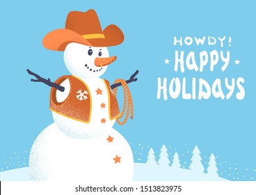 Snowman In Western Cowboy Clothes. Vector Merry Christmas Card With Winter Snow Background And Text