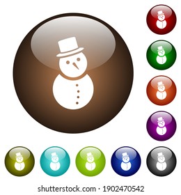 Snowman white icons on round glass buttons in multiple colors