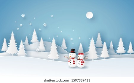Snowman with white pine tree in winter landscape view on blue background. Vector illustration art in paper cut design for Merry Christmas or Happy New Year card.