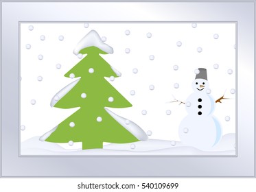 snowman white,green bucket on his head, a carrot for a nose, snow white in winter, isolated on a light background, green Christmas tree, vector