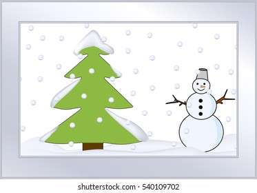 snowman white,green bucket on his head, a carrot for a nose, snow white in winter, isolated on a light background, green Christmas tree, vector