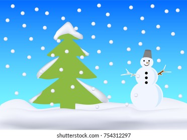 snowman white,green bucket on his head, a carrot for a nose, snow white in winter, isolated on a light background, green Christmas tree, vector