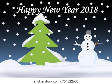 snowman white,green bucket on his head, a carrot for a nose, snow white in winter, isolated on a light background, green Christmas tree, vector