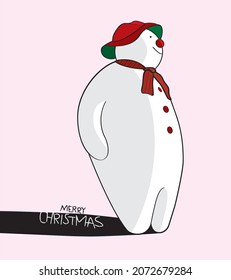 A snowman who looks like a proud teddy bear wearing a red hat and a scarf.