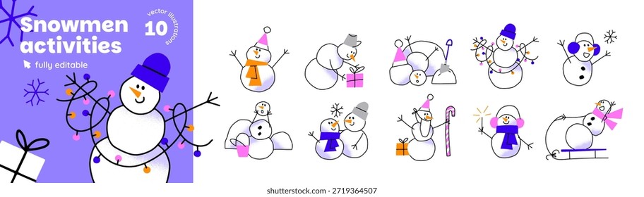 Snowman winter activities doodle set. Cute snow characters have fun on Christmas holidays. Xmas cartoons ride sledge, happy for snowflakes and sparklers. Flat isolated vector illustrations on white