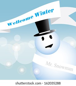 A snowman in winter background.