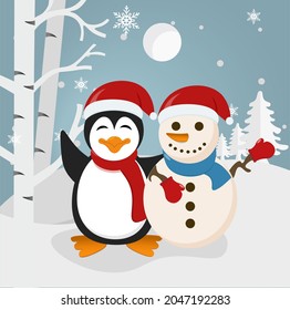 Snowman in winter background with penguin santa hat