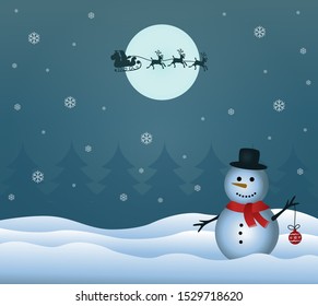 Snowman in winter bring Christmas decoration. Landscape views and snowflakes. illustration of Santaclaus flying.  Blue moon and background vector. Cute Snowman.