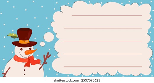 Snowman Winter Card for Notepad Template (em inglês). Bolha de Bate-papo. Artigos de papelaria de Natal divertidos para notas e mensagens