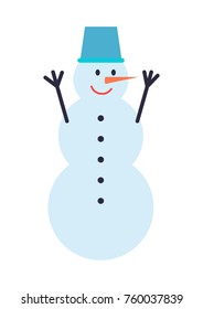 Snowman winter character with carrot nose and metal bucket, symbol of wintertime and celebration of holidays, vector illustration isolated on white