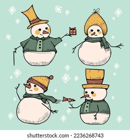 Snowman for Winter and Christmas Elements Hand drawn Vector Recolorable 02