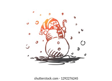 Snowman, winter, cold, december, ice concept. Hand drawn snowman with hat and scarf concept sketch. Isolated vector illustration.