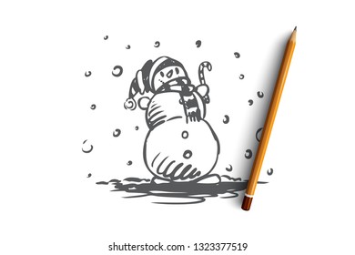 Snowman, winter, cold, december, ice concept. Hand drawn snowman with hat and scarf concept sketch. Isolated vector illustration.