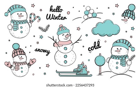 Juego De Iconos De Doodle De Invierno De Snowman - Diferentes Ilustraciones Vectoriales Coloridas Aisladas En Fondo Blanco