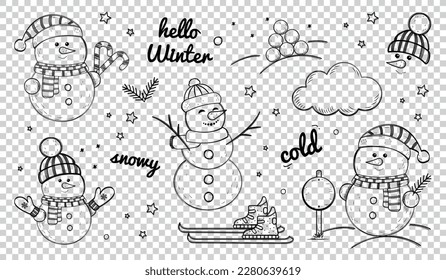 Snowman Winter Doodle Icons Set - Different Vector Illustrations Isolated On Transparent Background