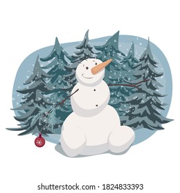 A snowman in a winter forest cartoon style drawing vector illustration