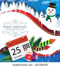 Snowman in the winter forest, Christmas ornaments and attributes in the foreground. Merry Christmas and Happy New Year background