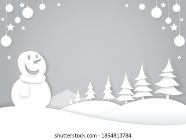 muñeco de nieve en invierno corte forestal estilo de arte de papel, vectores de fondo navideño