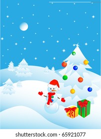 Snowman in the winter forest near a Christmas tree with gifts. Vector illustration