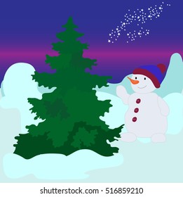 snowman in a winter forest with a starry sky and large drifts