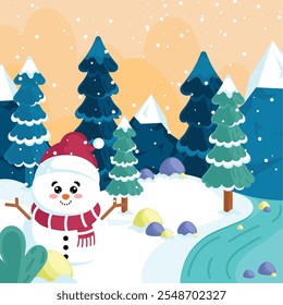 Snowman in winter forest with sunset, Vector