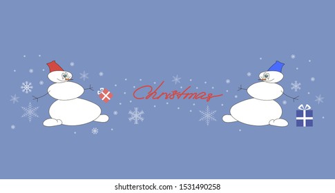 Snowman, winter, greeting card, poster happy New year and Christmas. Snowmen with snowflakes and Christmas inscription on blue background, vector flat illustration, template. Copy space